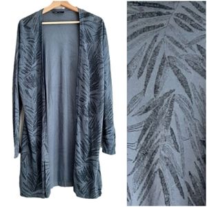 🍒 YEST Tropical Palm Leaf Print Open Front Long Light Knit Cardigan Blue Sz 14